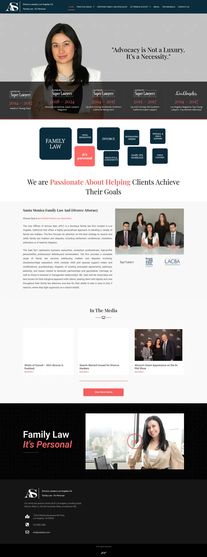 Full-page screenshot of the Atousa Saei Law homepage, from header to footer