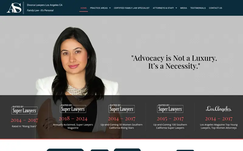 Atousa Saei Law homepage: attorney portrait beside the quote "Advocacy is not a luxury. It's a necessity."