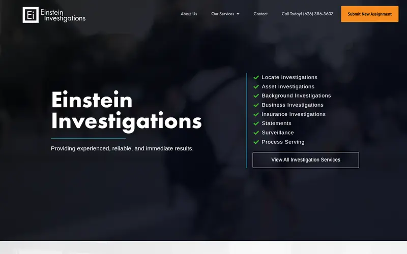Einstein Investigations homepage: dark hero with a list of investigation services