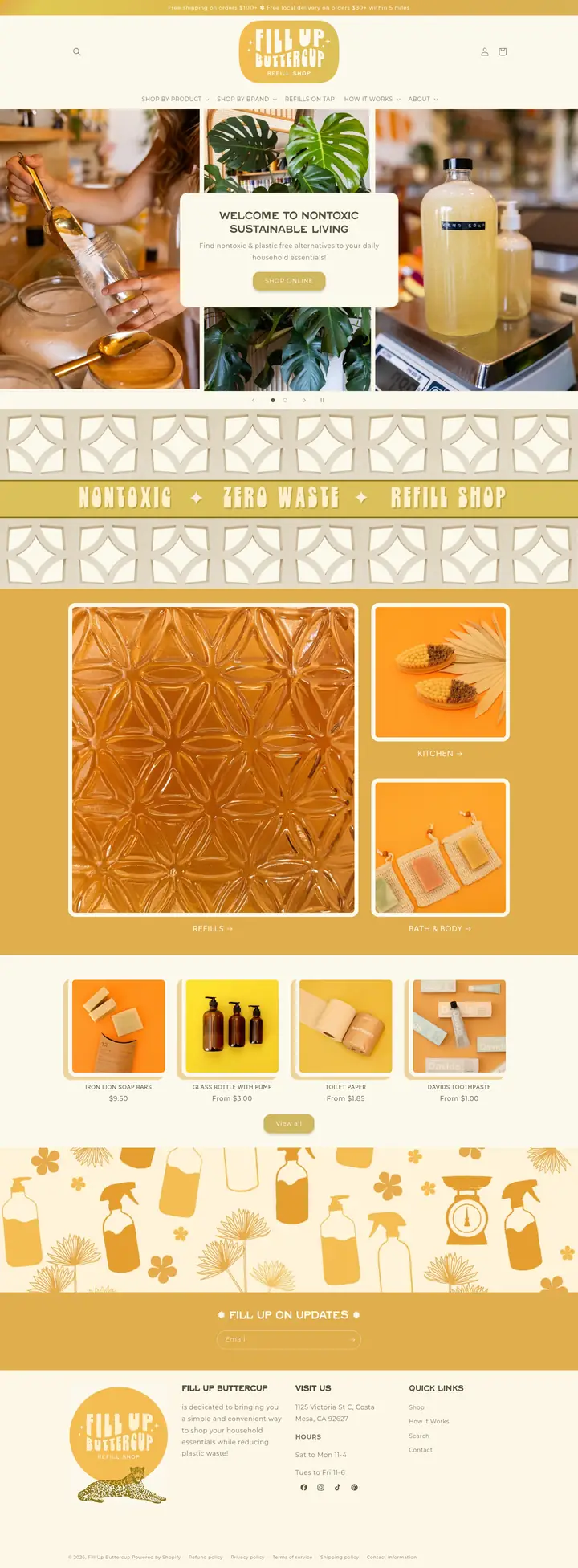 Full-page screenshot of the Fill Up Buttercup homepage, from header to footer