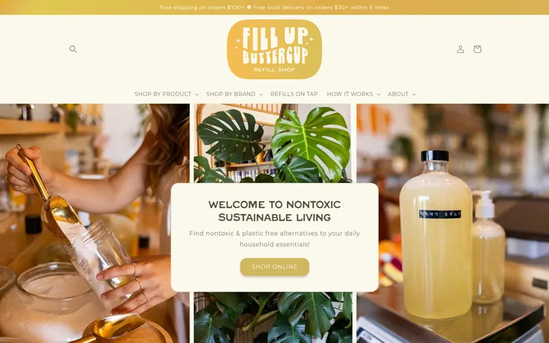 Fill Up Buttercup homepage: "Welcome to nontoxic sustainable living" over a photo of refill jars