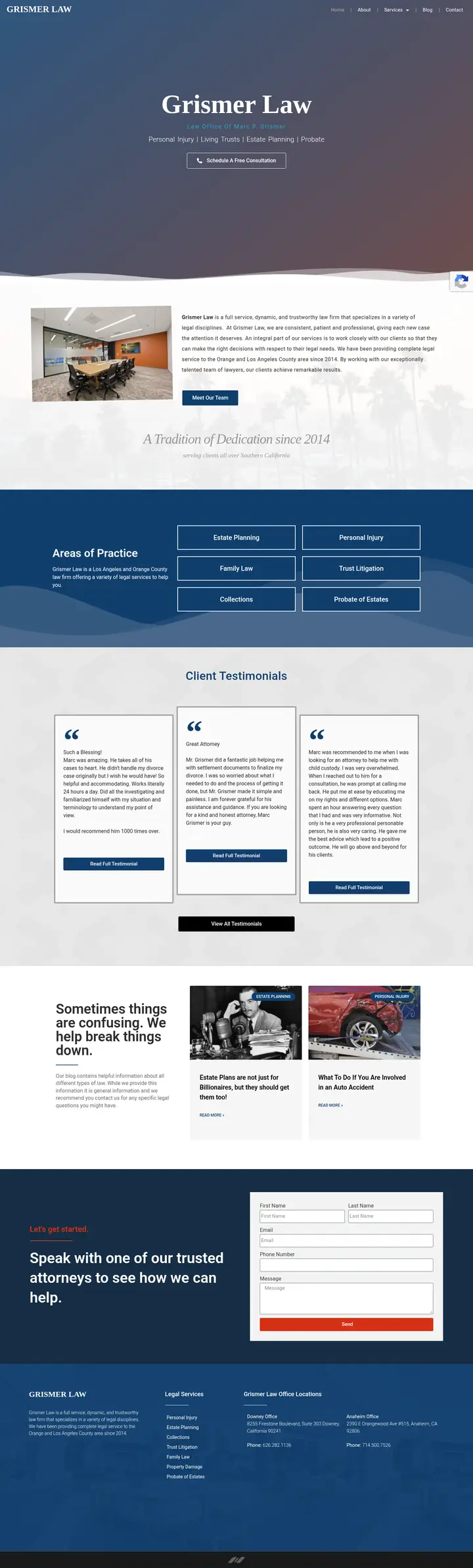Full-page screenshot of the Grismer Law homepage, from header to footer