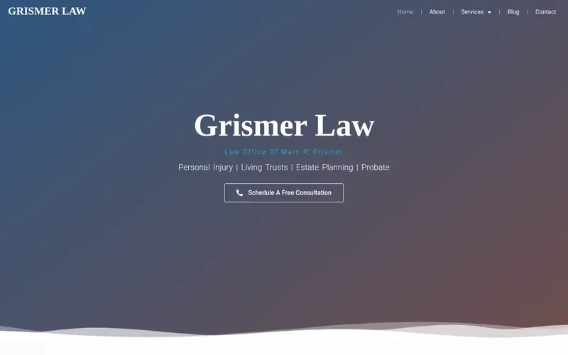 Grismer Law homepage: the firm name over a dusk landscape with a Schedule a free consultation button